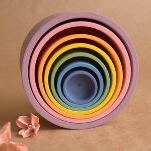 Stacking Cups Toy Wooden Bowls Set Pastel Rainbow Color Nesting Cylinder Montessori Material Learning Educational Birthday Gift for Children
