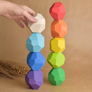 Balancierende Steine Regenbogen GROSSE Größe, Stapelfelsen aus Holz, Montessori Materialien, Waldorf Holzspielzeug, 1