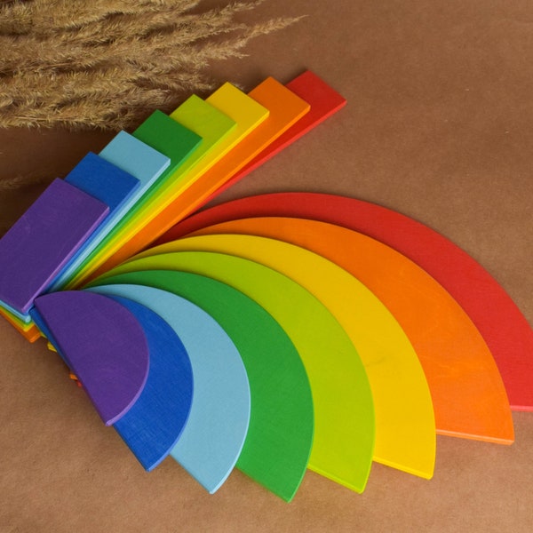 Wooden Rainbow Semi-circles and Building Boards Set of 16 pcs., Montessori Rainbow Stacker, Montessori Toys, Waldorf Toddler Toys, Baby Gift