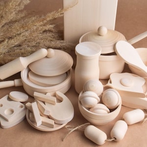 Wooden Food Toys Set 35 pc. Natural for Montessori Play Kitchen Accessories Children Tableware Dishes Handmade Gift for Kids Boys and Girls