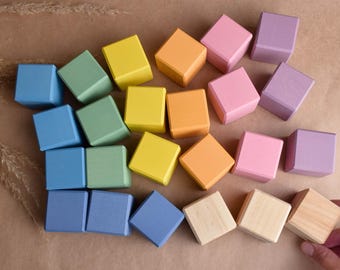 Pastel Rainbow Wooden Blocks Building Toy Colored Square Cubes Montessori Toddlers Educational Learning 1st Birthday Gift for Kids Girl Boy