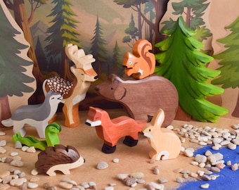 Wooden Forest Animals Set Toys Woodland Handmade Figurines Toys Set Montessori Toys Unique Gifts for Children
