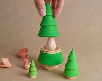 Christmas Tree Dollhouse Miniature, Wooden Nesting Matryoshka Set, Holiday Roombox Scenery, Winter Miniature Dollhouse Decor