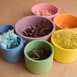 May include: A selection of brightly coloured wooden bowls in different sizes and hues, including pink, orange, yellow, green, blue, and purple. Each bowl contains decorative items such as dried flowers, pine cones, and leaves, creating a vibrant display.