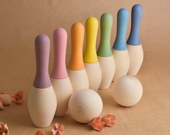 Pastell Holz Bowling Set für Kinder, Montessori Sportspielzeug für Vorschulkinder, aktives Familienspiel, handgemachtes einzigartiges Geschenk
