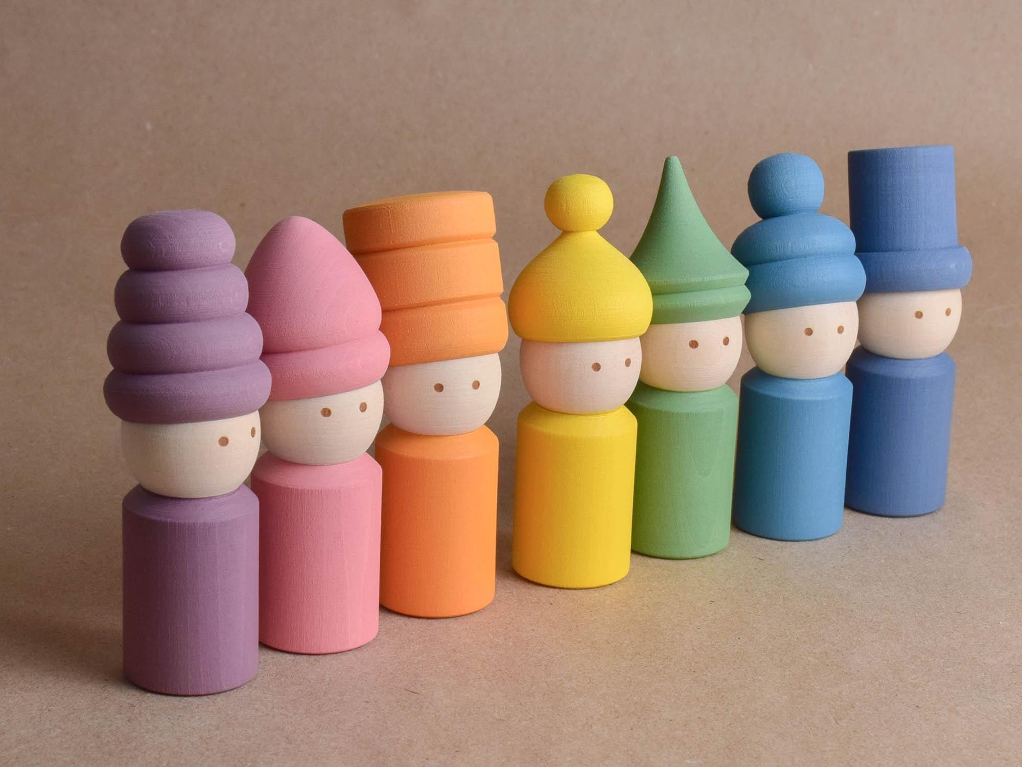 Wooden Rainbow Peg Dolls Figurine Set, Pastel Gnomes in Opening Hats, Wood Little People, Handmade Unique Gift