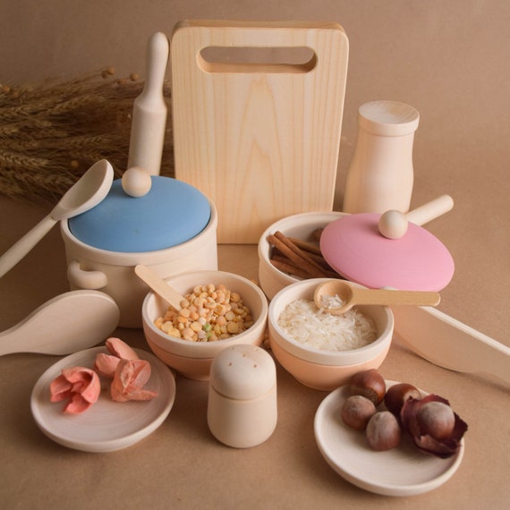 Handcrafted Wooden Play Kitchen Dishes, Miniature Tableware Set, Aesthetic Wood Cooking Pots, Unique Nursery Display Keepsake Gift