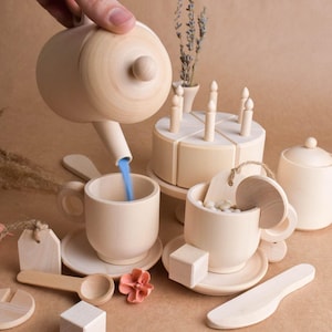Natural Wooden Toy Tea Set and Cake with Candles for Playing Montessori Play Dishes Kitchen Accessories Best Birthday Gift for Toddlers