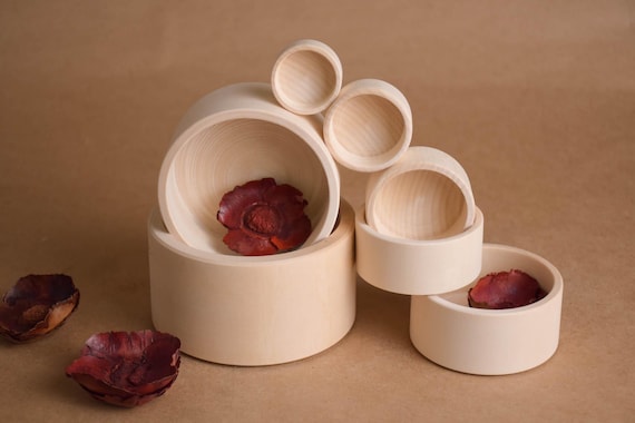 Natural Wooden Nesting Bowls Set, 7 Piece Round Wood Blanks, Forms and Shapes for Crafting, DIY Painting Wooden Cups, Organizer Trays