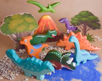 Wooden Dinosaur Figures with Volcano Playset Handmade Educational Toys for Toddlers Children Uniqe Kids Gift