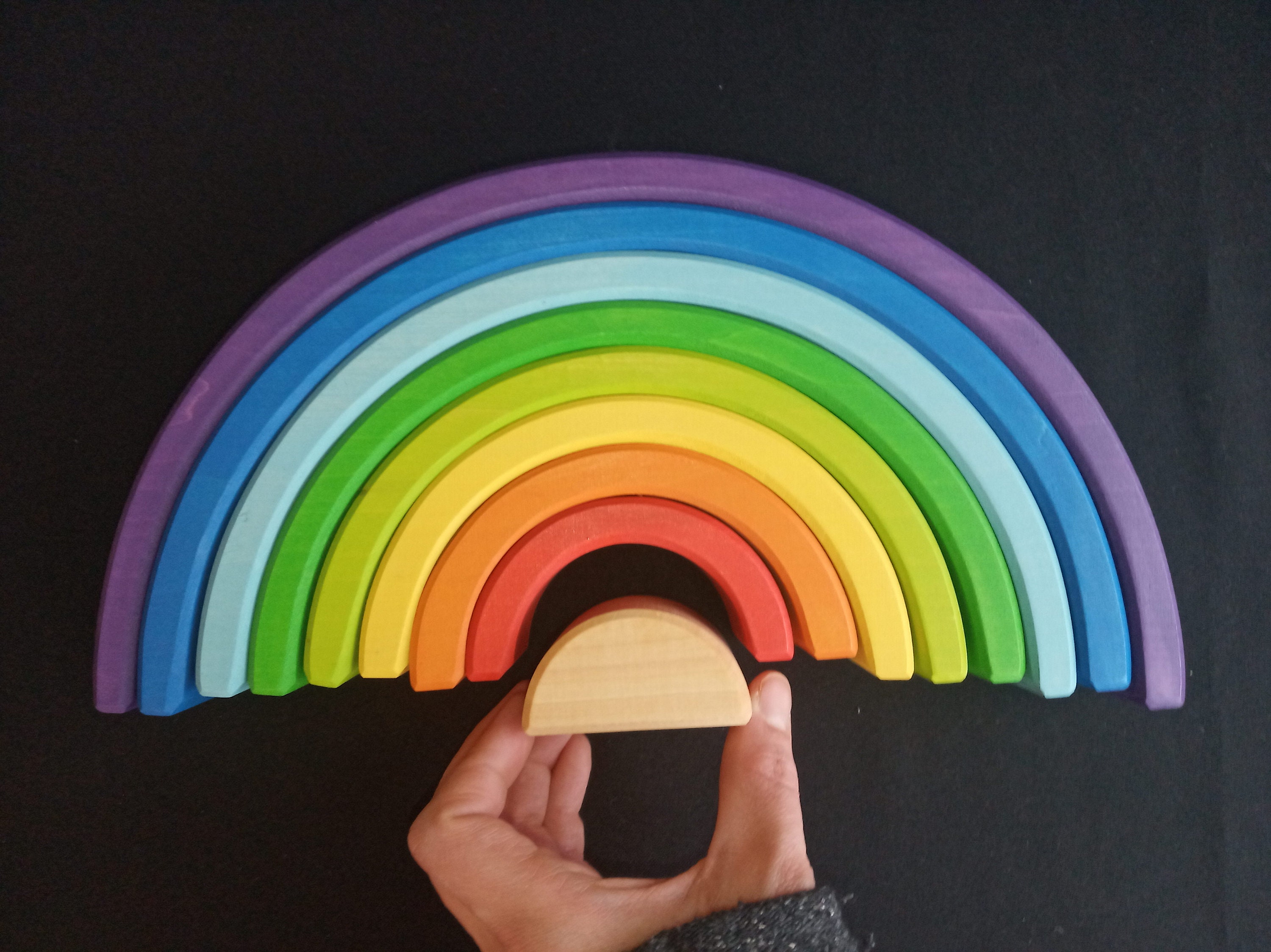 Wooden Rainbow Stacking Toy Large 9 Piece Montessori Rainbow Etsy