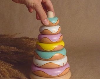 Wooden Stacking Rings Pyramid Donut Unique Baby Gifts for Вoys and Girls Montessori Educational Children Toys