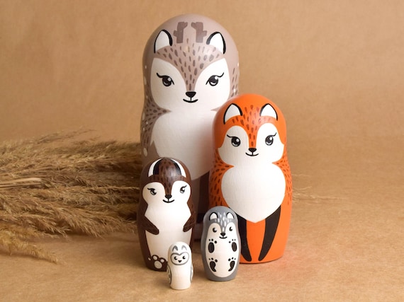 Woodland Animals Wooden Matryoshka Set, Forest Nesting Art Dolls
