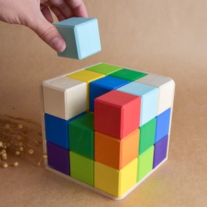 Wooden Building Blocks Rainbow Set Cubes in Cube, Rainbow Construction Toy for Kids, Montessori Balance Stacking Game, Handmade Unique Gift