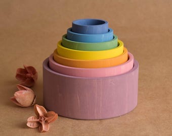 Stacking Cups Toy Wooden Bowls Set Pastel Rainbow Color Nesting Cylinders Montessori Material Educational Learning Birthday Gift for Toddler