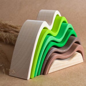 Wooden Mountains Stacker Toy Montessori Puzzle Educational Learning Toys Handmade Unique First Gifts for Boys Girls Toddler Nursery Decor