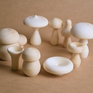 May include: A collection of wooden mushroom figurines in various shapes and sizes. The mushrooms are light-colored, with rounded caps and stems. They are arranged in a circular pattern against a neutral background.