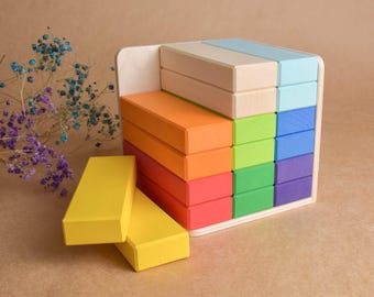 Wooden Building Bricks, Rainbow Stacking Blocks with Stand, Unique Handmade Gift for Teen Son and Daughter