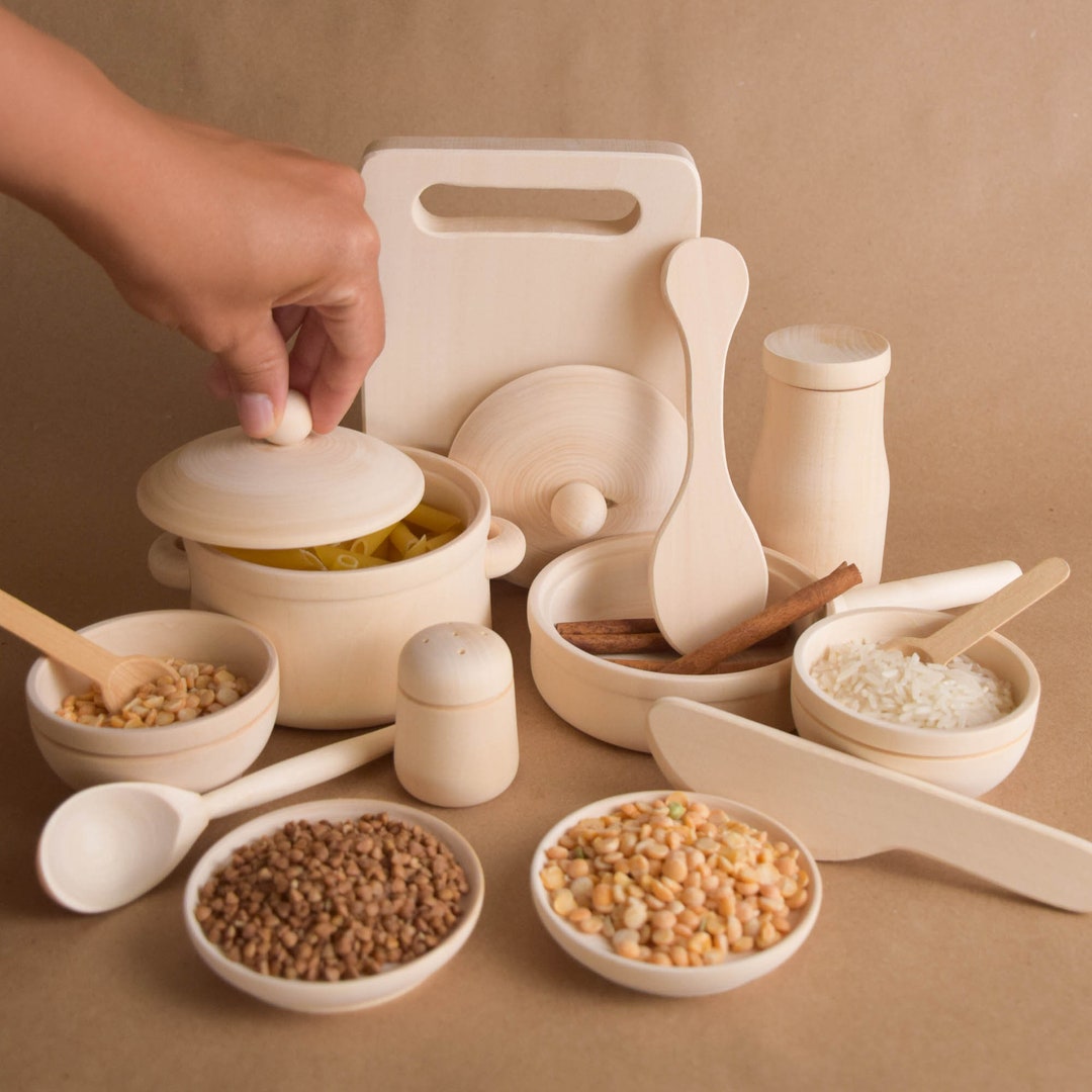 Wooden Play Kitchen Dishes Set Toy for Kids, Wooden Play Kitchen