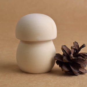 May include: A light-colored, wooden mushroom-shaped object with a rounded top and a wider base. Beside it is a brown pine cone. The objects are set against a neutral, light brown background.