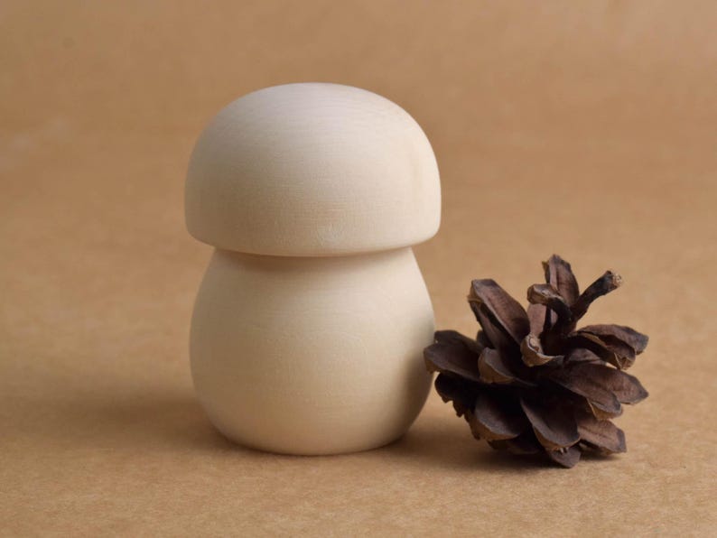 May include: A light-colored, wooden mushroom-shaped object with a rounded top and a wider base. Beside it is a brown pine cone. The objects are set against a neutral, light brown background.