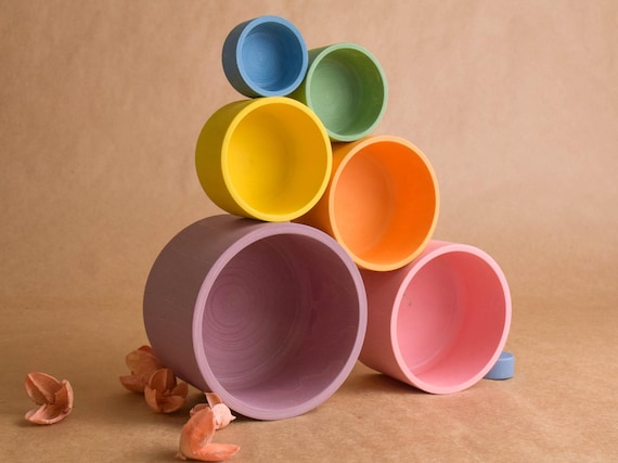Stacking Cups Toy Wooden Bowls Set Pastel Rainbow Color Nesting Cylinder Montessori Material Learning Educational Birthday Gift for Children