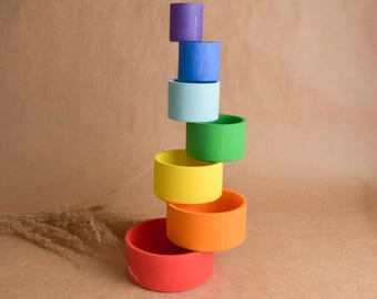 Wooden Stacking Cups Toy Set for Kids Montessori Toy Preschool Color Sorting Nesting Bowls Waldorf Stacking Toy Educational Gift for Kids