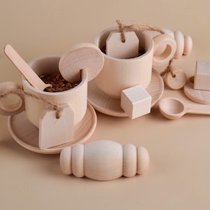 Wooden Tea Set with Tea Bags Children Play Set Montessori Preschool Play Dishes Kitchen Accessories Best Birthday Gift for Toddlers Girl Boy