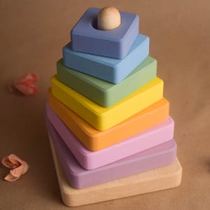 Pastel Wooden Stacking Rings Square Best Montessori Educational Toy for ...