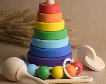 Wooden Montessori Baby Toys Set Rainbow: Ring Stacker, Lacing Balls, Baby Rattle, Montessori Interlocking Discs