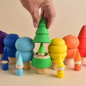 Wooden Toy Trees Figurine with Peg Dolls Gnome Set Rainbow Nesting Dolls Montessori Materials Color Sorting Learning Game Open Ended Toys