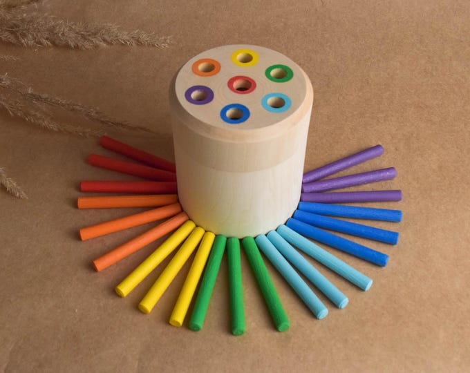 Matchstick Color Drop Sorter Game, Wooden Color Sorter with Counting Sticks, Rainbow Montessori Toy for Preschoolers, Fine Motor Activity