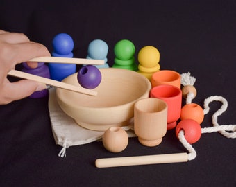 Color Sorting Wooden Rainbow Toy Cups and Balls, Rainbow Montessori Toy, Learning Toys, Montessori Baby Toys, Waldorf Toys for Toddlers