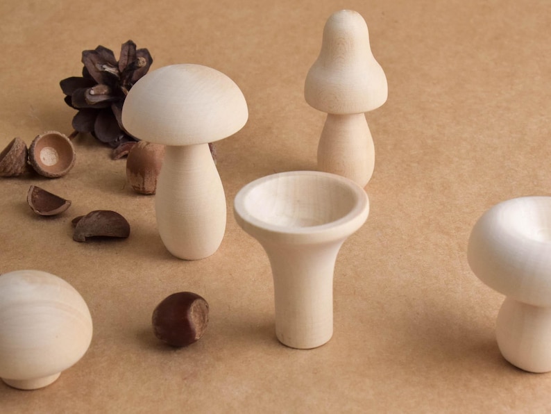 May include: Wooden mushroom figurines in various sizes and shapes, including a small bowl-shaped piece. The mushrooms are unpainted and have a natural wood grain. Acorns and a pine cone are scattered around the mushrooms.
