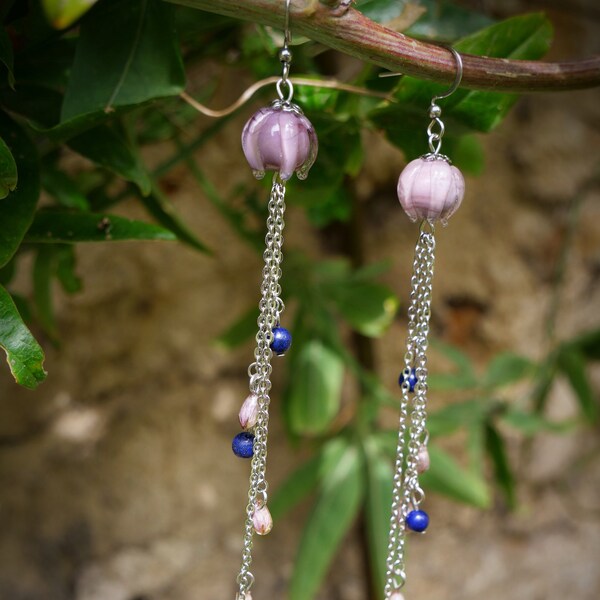 Boucles d'oreilles perles en verre fleurs séchées Bruyère et Apatite - Mes petites fleurs