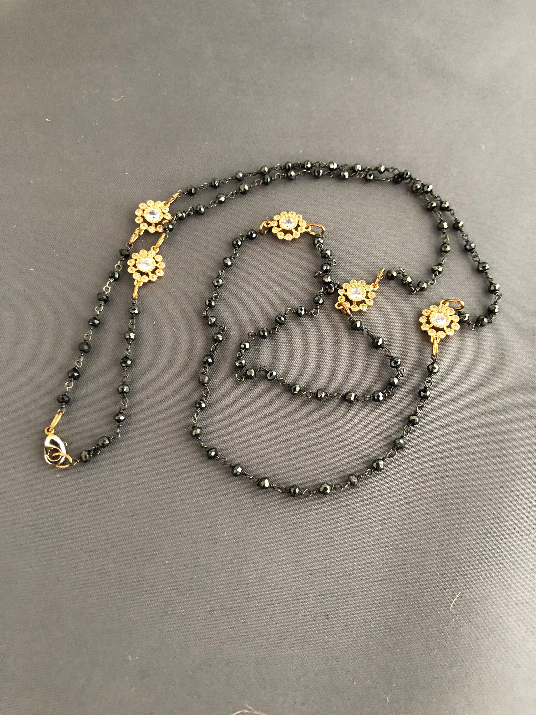 Black Beaded Chain Gold Connectors CZ Long Necklace Woman Etsy