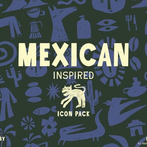Op de afbeelding: Een donkergroene achtergrond met diverse blauwe illustraties van dieren, objecten en planten. De woorden "MEXICAN INSPIRED ICON PACK" staan in grote, lichtgele letters. De afbeelding bevat de tekst "CREATED BY tropisgol" en "INCLUDES 60 HAND DRAWN ICONS."