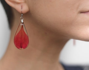 Red Flower Petals Earrings ; Real Alstroemeria Petals Preserved in Resin, lovely botanical jewelry