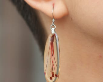 Red pistil ; real flower petals earrings , botanical jewelry preserved in resin