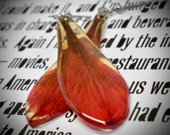 Red pressed Flower Earrings; botanical jewelry in resin, lovely Alstroemeria dried flower Petals