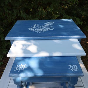Nautische bijzettafels, blauw – set van 3, gemaakt van massief eikenhout, shabby chic upcycled