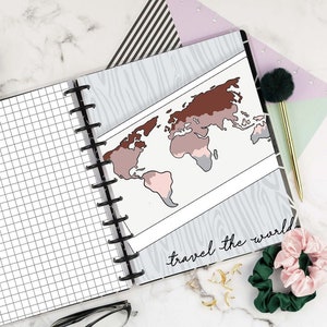 Tableau de bord de l'agenda de voyage, carte du monde en vélin, tableau de bord plastifié, Happy Planner, carnet de notes du voyageur, tableau de bord en vélin, largeur A5, anneaux B6