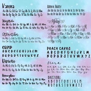 May include: A colorful image with different fonts and alphabet letters. The fonts are in various styles and colors, including black, white, pink, blue, and green. The letters are arranged in rows and columns, with each row representing a different font style. The image is a visual representation of different font styles and alphabet letters.