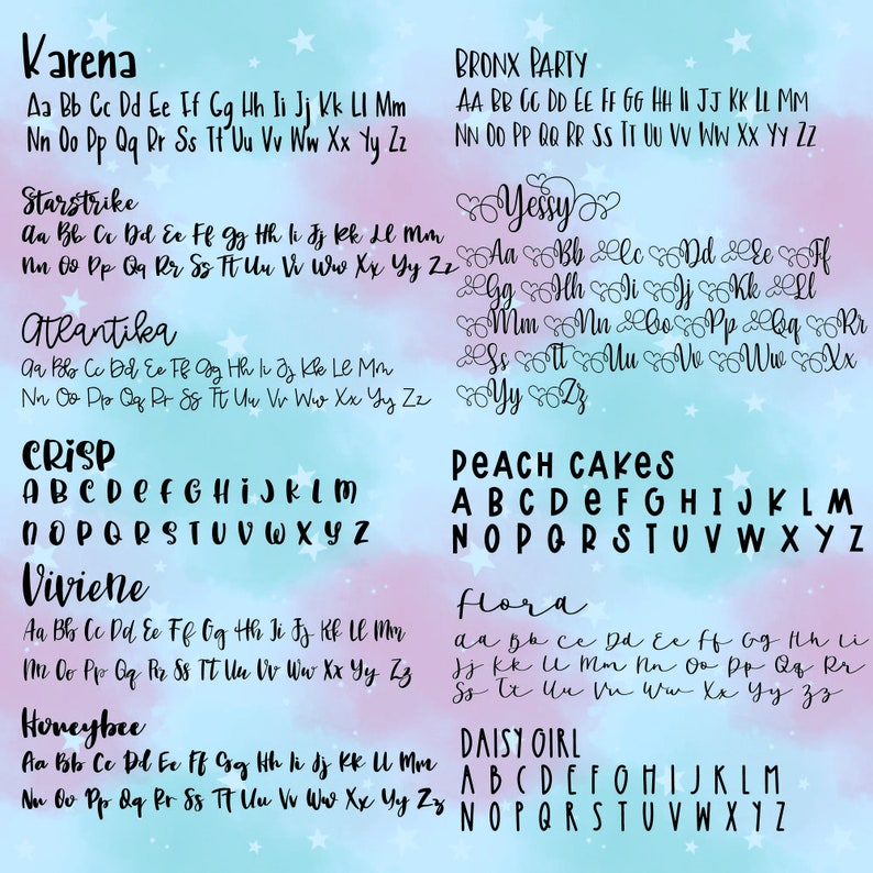 May include: A colorful image with different fonts and alphabet letters. The fonts are in various styles and colors, including black, white, pink, blue, and green. The letters are arranged in rows and columns, with each row representing a different font style. The image is a visual representation of different font styles and alphabet letters.