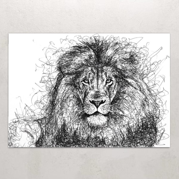 Impresión de arte Lion A4 // Impresión de bocetos de tinta de garabato animal // Dibujo en blanco y negro