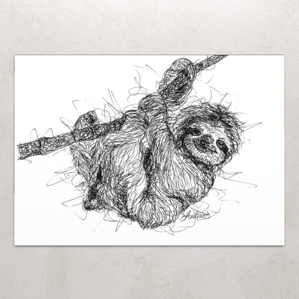 Sloth A4 Art Print // Animal Scribble Ink Sketch Print // Dibujo en blanco y negro