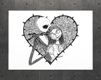 Jack und Sally The Nightmare Valentine vor Weihnachten kritzeln schwarz und weiß Kunstdruck A4 / Horrorfilm Wandkunst / Tim Burton Gothic Ink Sketch