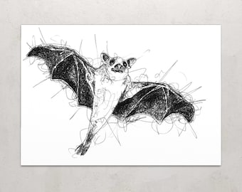 Bat A4 Art Print // Animal Scribble Ink Sketch Print // Gothic Halloween Black and White Drawing