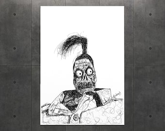 Beetlejuice Harry the Hunter Shrunken Head Guy Black and White Art Print A4 / Tim Burton 80's Gothic Ink Sketch Print