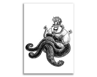 Ursula The Sea Witch Black and White Art Print A4 / The Little Mermaid Disney Movie Villains Wall Art / Halloween Gothic Ink Sketch Print